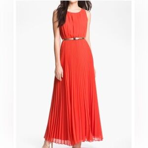 Eliza J Vibrant Orange / Red Pleated  Chiffon Maxi Dress